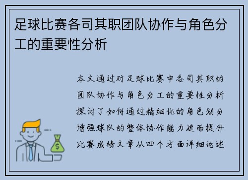 足球比赛各司其职团队协作与角色分工的重要性分析