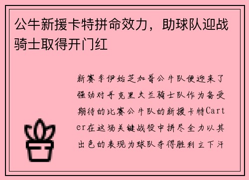 公牛新援卡特拼命效力，助球队迎战骑士取得开门红