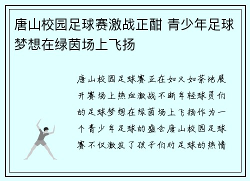 唐山校园足球赛激战正酣 青少年足球梦想在绿茵场上飞扬