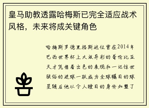 皇马助教透露哈梅斯已完全适应战术风格，未来将成关键角色