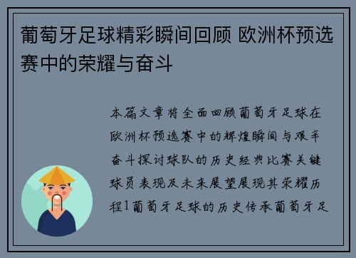 葡萄牙足球精彩瞬间回顾 欧洲杯预选赛中的荣耀与奋斗