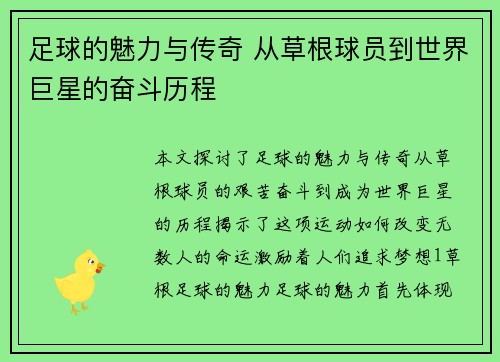 足球的魅力与传奇 从草根球员到世界巨星的奋斗历程